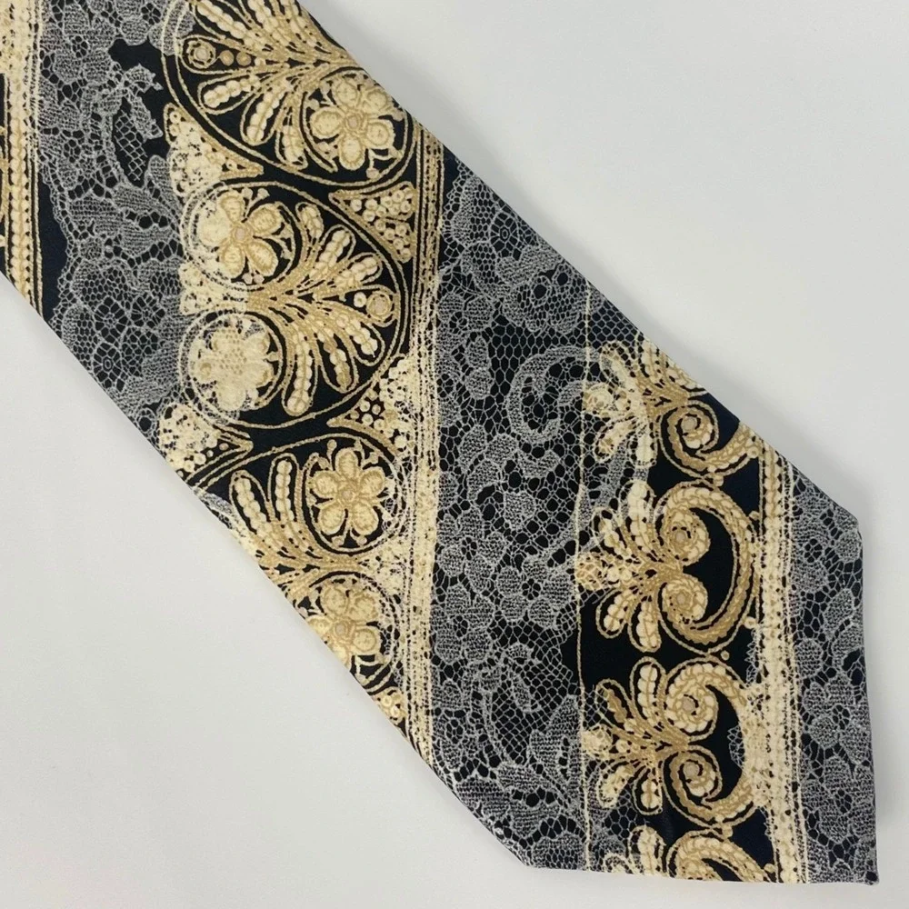 Christian Lacroix Tie Floral Lace Print Stripe Silk Necktie Made in Italy Formal